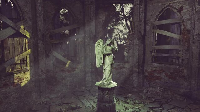 In a neglected chapel, an angel statue graces the cracked stone floor. Sunlight filters through broken windows, casting shadows.