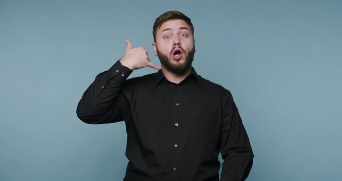 Man uses hand signs to communicate during a conversation and shows different expressions in four frames