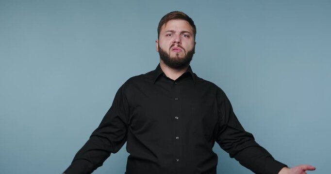 Man expresses different emotions and thoughts in a studio setting during a short performance