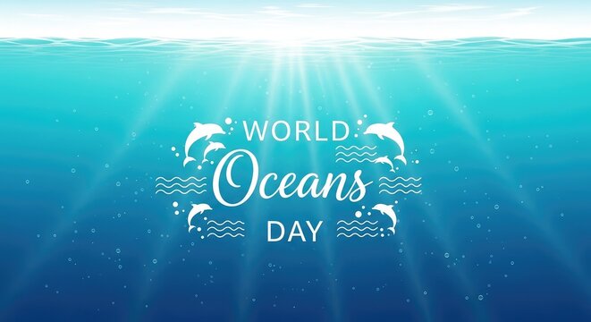 World Oceans Day horizontal layout showing a pair of dolphins swimming together under beautiful ocean surface sunbeams