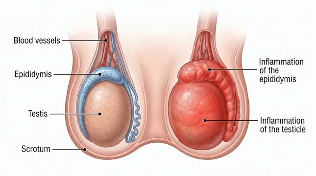 Medical illustration comparing a healthy testicle and epididymis to an inflamed testicle and epididymis.