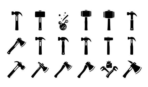 Black Hammer and Axe Silhouette Icon Set for Construction Carpentry and Hand Tool Design