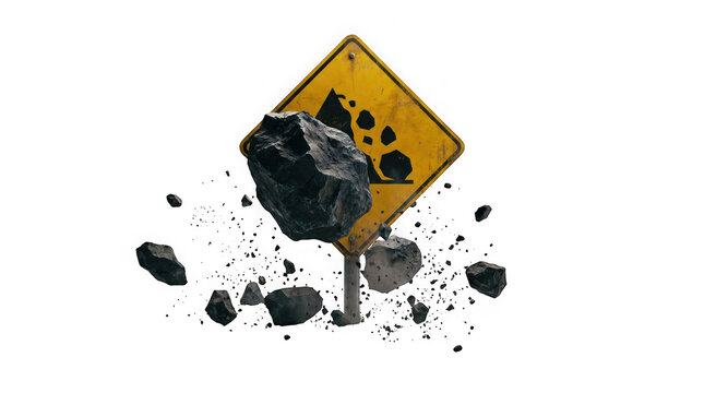 Falling heavy black rocks hitting a yellow warning sign for rockfall isolated on transparent background