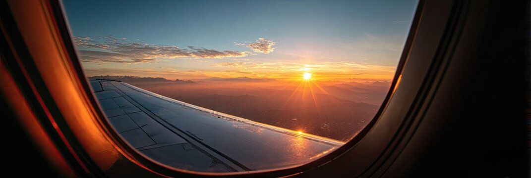 Airplane window view of a vibrant sunset over clouds and mountains