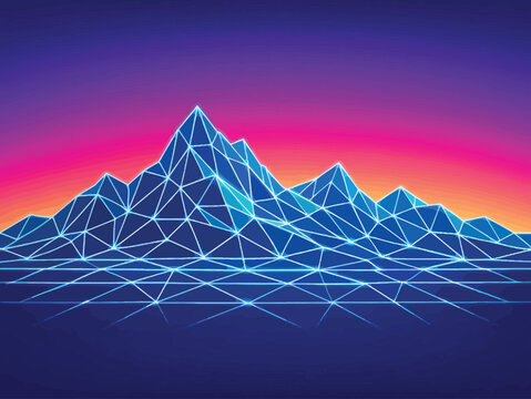 Print  Abstract Low-Poly Mountain Landscape with Glowing Wireframe Lines, Animated Gradient Sky, Futuristic Digital Art Background, Seamless Loop Motion Design, Minimal Tech Vector Illustration 
