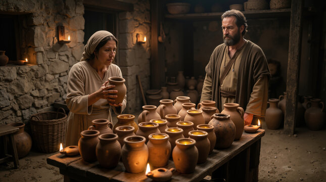 Elisha and the widow with oil jars. Biblical scene of a miracle in an ancient workshop. Historical religious narrative