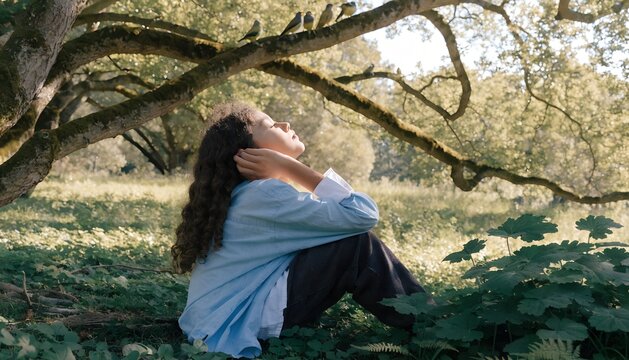 Young woman sitting under large tree in sunlit forest listening to birds chirping