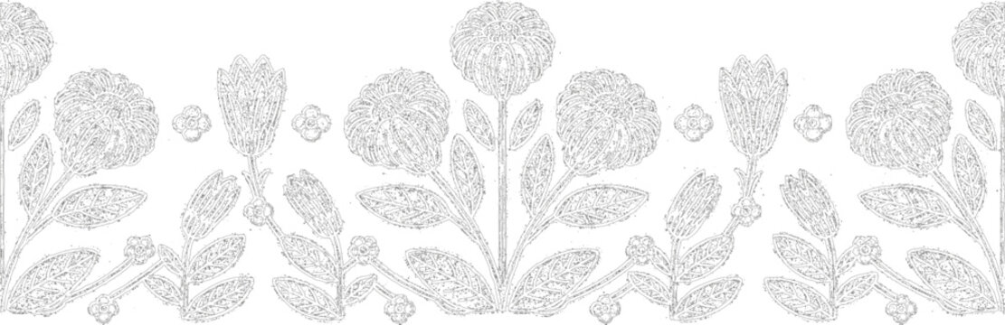 Meadow flowers line art seamless horizontal border pattern graphic isolated on white
