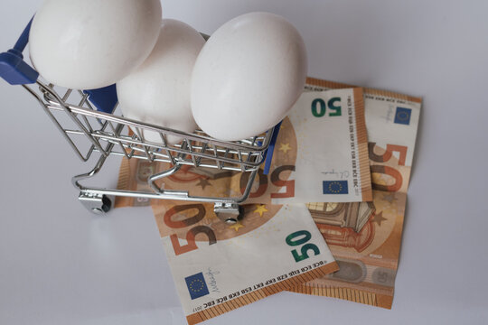 Commodity trading concept: eggs in a cart next to Euros, representing agricultural market