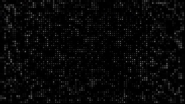Abstract digital background featuring flickering white dots on a black grid representing data processing or futuristic technology interface for motion graphics and video editing