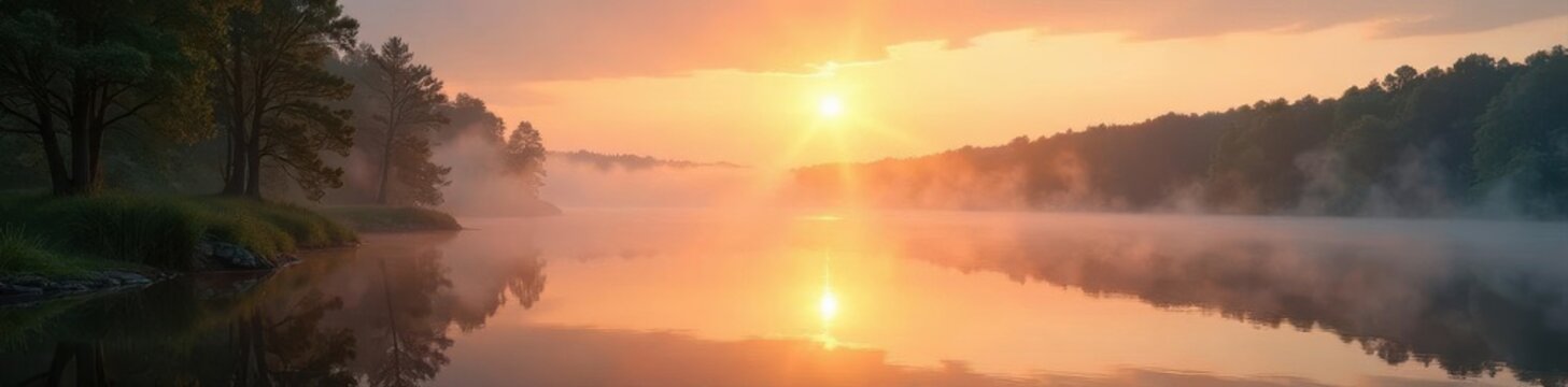 Misty sunrise over calm Swedish lake, summer foliage ,  peaceful,  summer,  sunrise