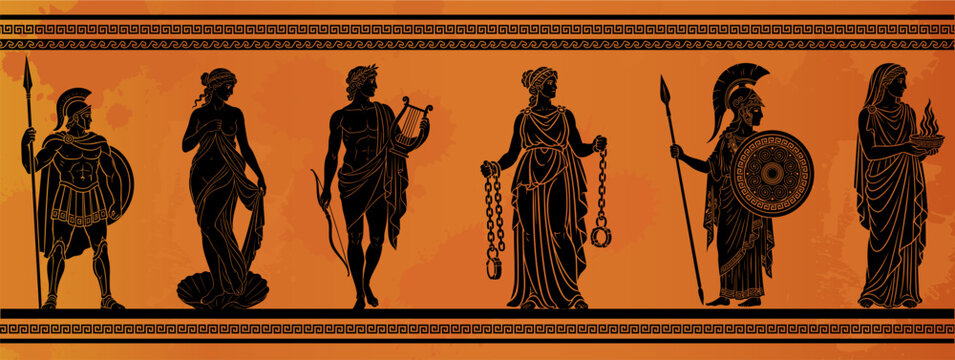 Greek mythology characters set in ancient vase painting style. Ares, Aphrodite, Apollo, Athena and Hestia black silhouette frieze vector