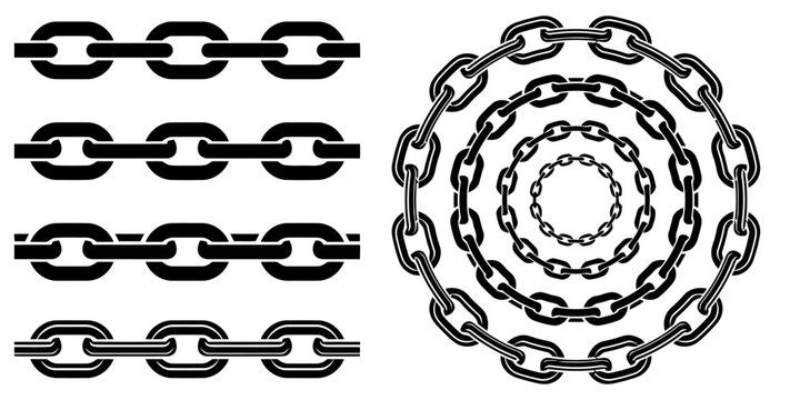 Set of black metal chain links in linear and circular patterns