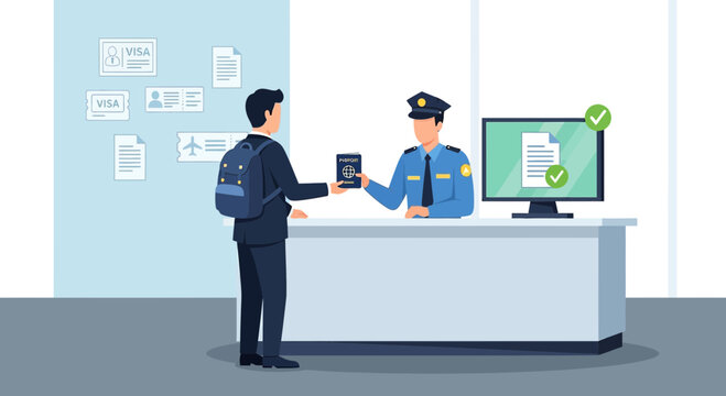Airport Security Check Passport Control: Officer Inspecting Traveler's Documents