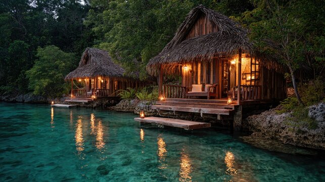 Rustic bungalows over turquoise water, jungle backdrop, warm glowing lights