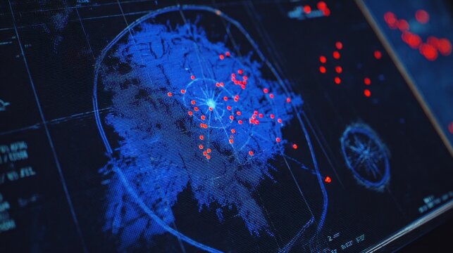 Digital screen displays complex geographical data with illuminated threat indicators across a dark interface