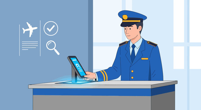 Airport Border Control Officer Checking Passport on Tablet