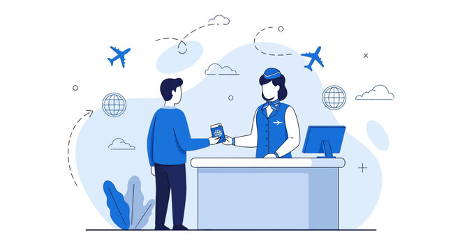 Airport Check-in: Passenger with Passport at Counter with Flight Attendant