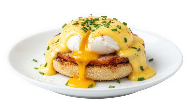 Delicious eggs benedict with hollandaise sauce on plate isolated on transparent background