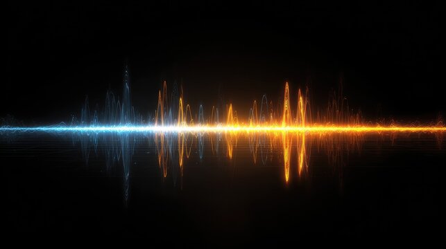 Abstract digital waveform with glowing blue and orange energy on black