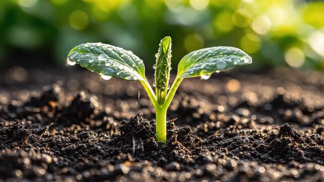 Young green plant sprout growing from dark fertile soil.