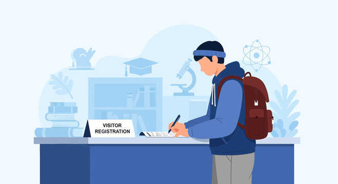 Student Registers at School Reception Desk with Backpack and Books
