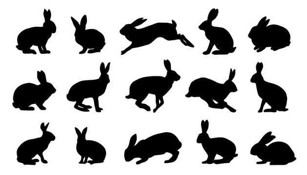 Set of black rabbit silhouettes in various jumping and sitting poses