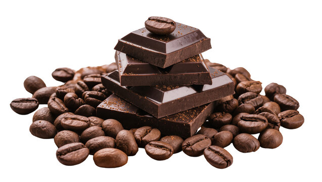 Dark chocolate pieces stacked with roasted coffee beans