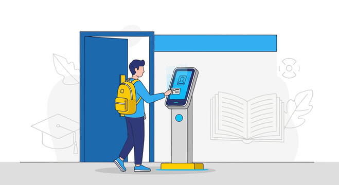 Student using interactive kiosk for learning and access