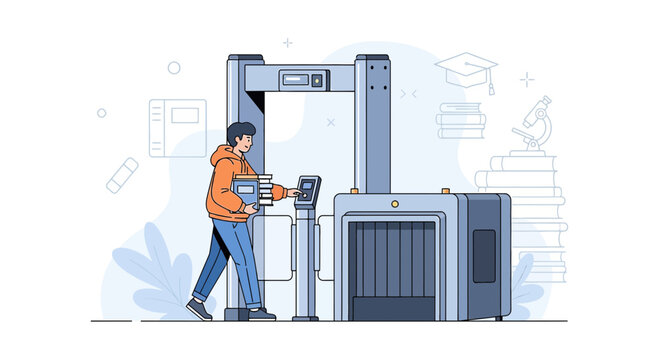 Student using self-checkout scanner for books in library