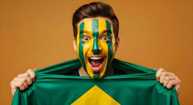 Excited man with Brazil flag face paint cheers for Brazil team with green and yellow jersey.
