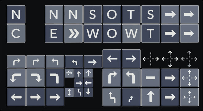 Split-flap display alphabet and arrow icons, mechanical airport departure board letters, retro flip clock style navigation symbols vector set