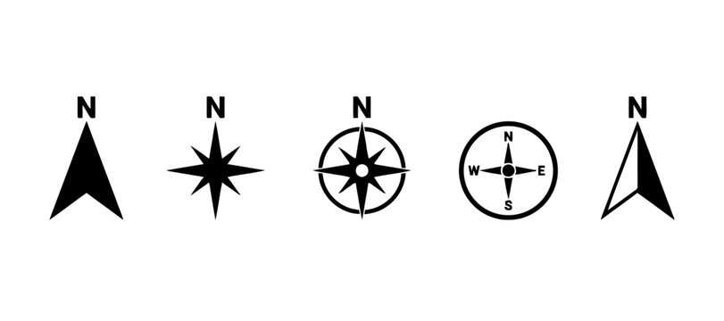 Set of Five Minimalist North Arrow Icons for Map Navigation