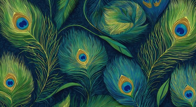 Intricate peacock feather pattern with emerald, teal, and gold tones