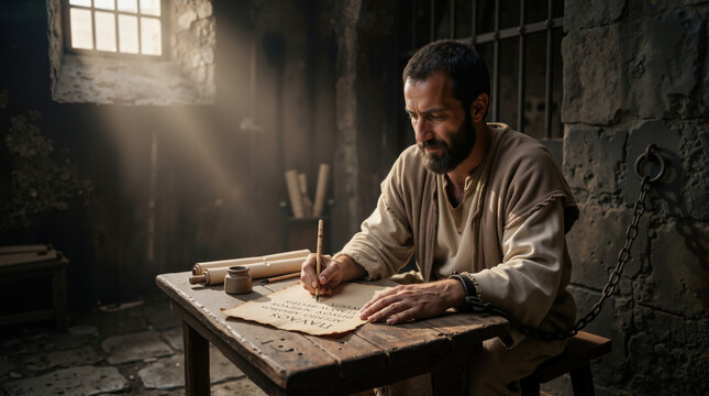 Apostle Paul writing letters in a dark ancient prison cell. Biblical historical scene with a man in chains at a wooden desk