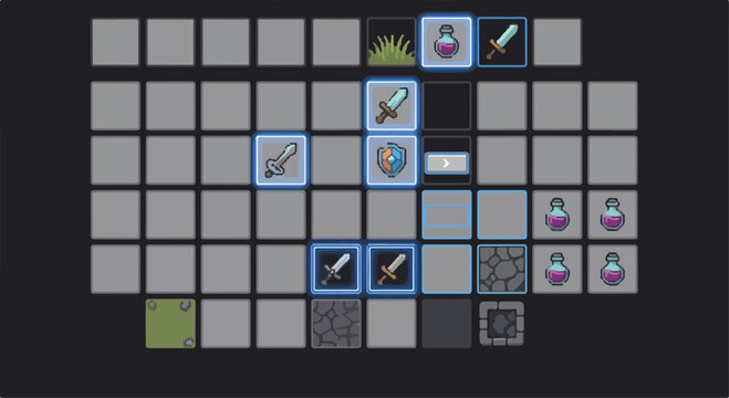 Pixel art game inventory UI, fantasy RPG item grid with swords and potions, retro 8-bit style video game assets for mobile gaming