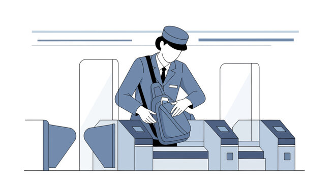 Station attendant checking ticket at subway gate, transportation system graphic