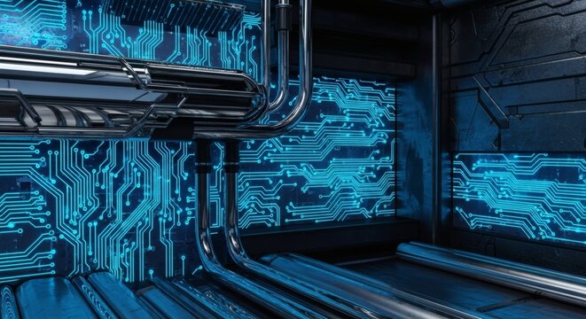 Dynamic digital infrastructure with glowing circuit patterns, representing advanced computing and futuristic data flow in a complex cybernetic environment