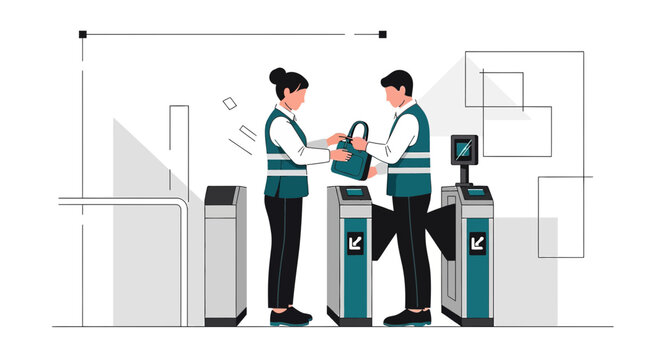 Staff checking luggage at security gate, personnel access control illustration