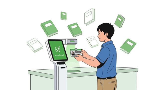 Student Accessing Library Kiosk with ID Card and Floating Books Illustration
