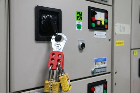 Lockout Tagout , Electrical safety system.Key lock switch or circuit breaker for safety protect.in electric room	
