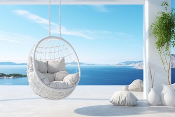 Obraz premium Hanging chair offering relaxation and beautiful sea view from a modern white terrace