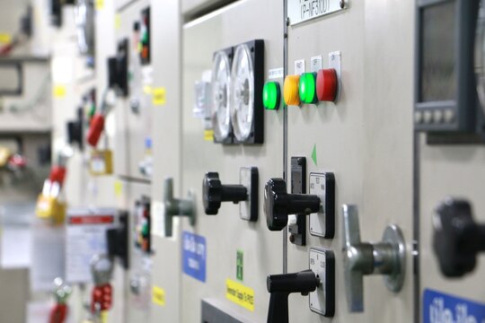 Select focus circuit breaker in Electric room on industrial, Rocker switch for start or stop motor.	