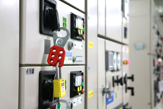 Lockout Tagout , Electrical safety system.Key lock switch or circuit breaker for safety protect.in electric room	
