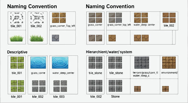 Game asset naming convention guide, pixel art terrain tile set for level design, isometric environment map tiles with grass and water textures