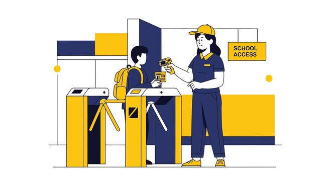 Student passing school security gate with ID card scan at entrance