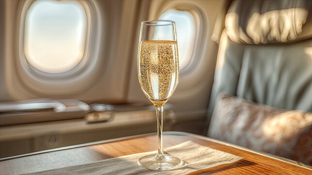 Bubbly drink in a flute on a tray table inside a plane