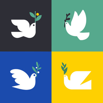 Set of minimalist dove icons with olive branches, peace concept