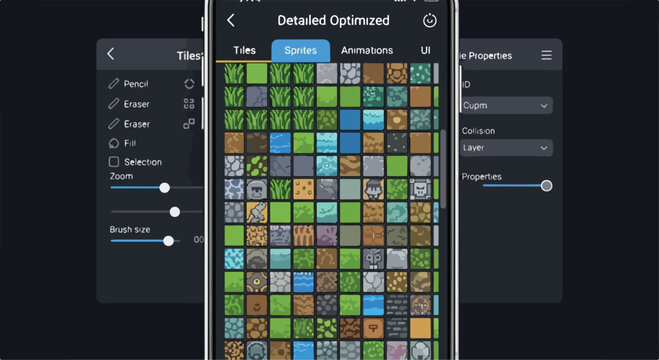 Pixel art game editor interface on smartphone, mobile game development software with tilemap sprites, digital level design app vector