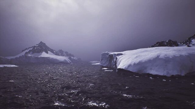 Icy cliffs framing narrow dark channel, low light and fog hugging glacier edge, subtle ripples on water marine researcher vessel imagined conducting coastal
